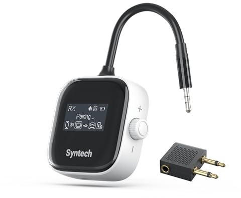 Syntech Flugzeug Bluetooth Adapter für 2 AirPods oder kabellose Kopfhörer, HD Display geringe Latenz 3,5mm AUX Anschluss Bluetooth 5.3 Audio Sender Empfänger für Flug, TV, Auto, Fitnessstudio Weiß