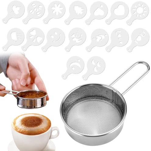 Spargi cacao in polvere, Acciaio Inox Spargi Cacao in Acciaio Inossidabile setaccio farina spargitore per cacao con 16 Stencils Caffè per Cucina DIY Caffè