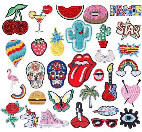 Patches zum Aufbügeln, 32 Stück Patch Sticker Bestickt Flicken Applikationen Zum Nähen Oder Aufbügeln, DIY Niedlich, für Jacken, Jeans, Hosen, Rucksäcke, Kleidung, Repariere das Loch