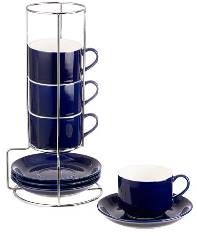 CHILDIKE 8 Ounce Porcelain Cappuccino Cups with Saucers and Silver Stand,Deep Blue Cups Set of 4