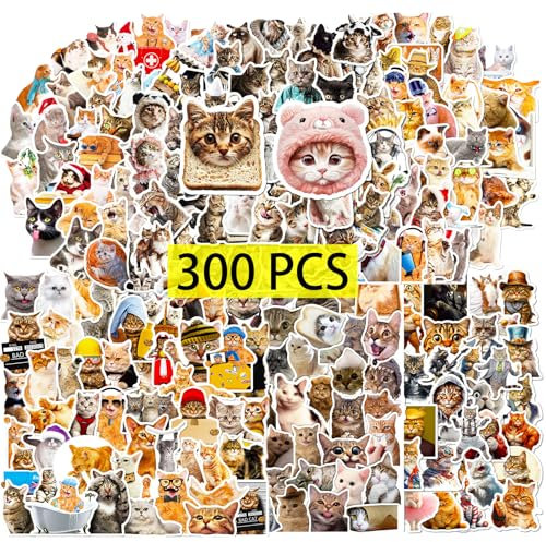 GTOTd Funny Cat Sticker Lustiges Katzen Aufkleber (300 Stück) Cute Animal Geschenke Merch für Laptop Wasserflasche Telefon Zubehör Auto Stoßstange Fenster Helm Dekor Teens