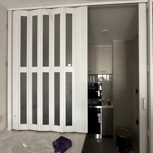 QYANPEN Ventana corrediza Plegable con Tiradores y Cristal, Puerta Interior de PVC Tipo acordeón para áticos, sótanos y restaurantes, Puerta Plegable magnética para Cocina y Dormitorio (100 x 80 cm/