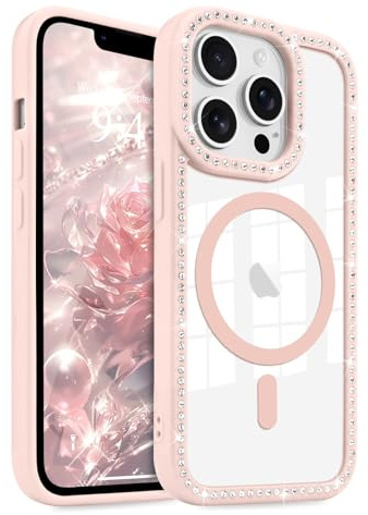 LCHULLE Magnetic Case for iPhone 13 Pro,[Compatible with MagSafe] Clear Cute Glitter Bling Diamond Phone Case,Women Girls Sparkly Camera Lens Protector Cover for iPhone 13 Pro 6.1,Pink