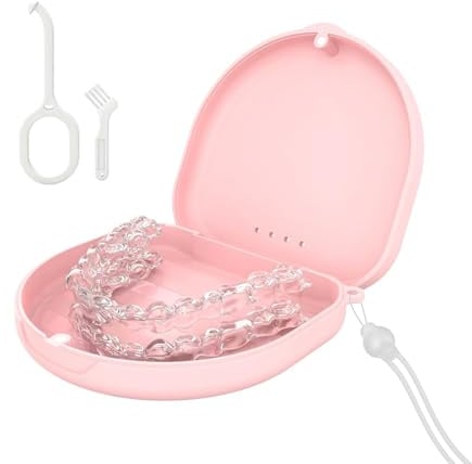 Zahnspangendose Zahnschiene Box Mit Silikon-Handgelenkband und Belüftungslöchern, Retainer Case mit Entnahmewerkzeugen& Bürste (Rosa)