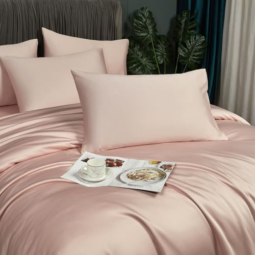 DXHOME Kühlende Bettwäsche 220x240cm Bambus Sommerbettwäsche Rosa Hellrosa Uni 100% Natürlichem Bambusfaser Luxus Lyocell Kühle Bettbezug-Set Bettbezug mit Reißverschluss und 2 Kissenbezüge 80x80cm