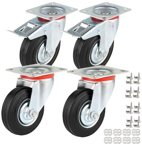 IQWTU Schwerlastrollen 75mm mit Bremse, 4 Stück Transportrollen Lenkrollen bis 200kg, Gummi Möbelrollen 360° Drehbar Industrierollen Schwerlast Rollen für Möbel(2 Bremsrollen, 2 Lenkrollen)