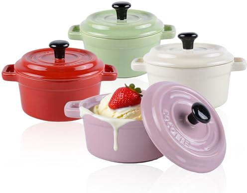 Ramekins with Lids,7 OZ Ceramic Mini Cocotte Set of 4,French Onion Soup Bowls with Lids and Handle,Ramekins for Stews,Lasagna(Multicolored)