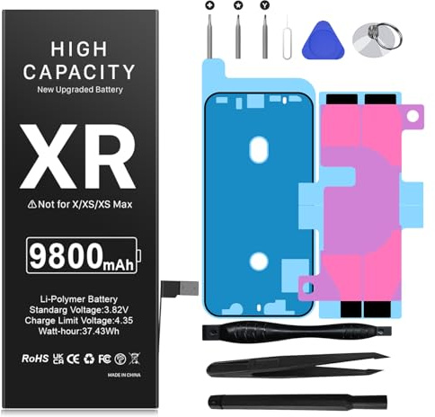 Batterie pour iPhone XR, 9800mAh Nouvelle Mise à Niveau Batterie Haute Capacité de Remplacement pour iPhone XR, A1984, A2105, A2106, A2108 avec Kit de Réparation