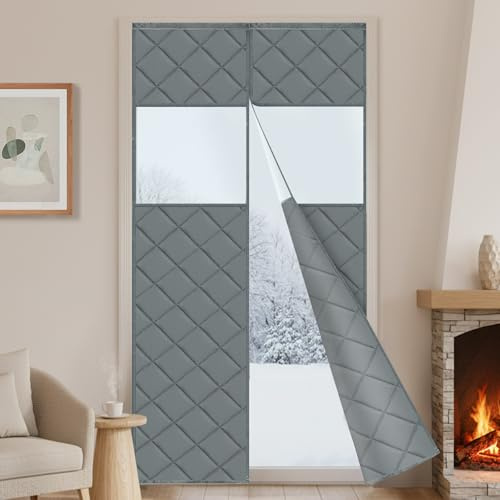 Magnet Türvorhang Kälteschutz 90x210cm, 420g/㎡ Wärmeschutzvorhang Türen Thermovorhang Selbstklebend mit Transparenter Fenster, Gegen Kälte und Hitzen für Innen Außen(Grau)