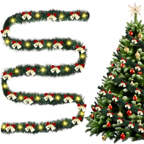 Weihnachtsgirlande mit Beleuchtung, LED Tannengirlande mit Beleuchtung Girlande Weihnachten Beleuchted mit 30 Schleifen Grün Tannengirlande Lichterkette mit Schleifen für Weihnachtdeko (10M-C)