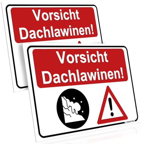 PRINTIMA 2er Set Warnschild 32x21 cm - „Vorsicht Dachlawinen!“ – PVC wetterfest inkl. Montagedübel, UV-beständig, Warnhinweis bei Schnee- und Eisgefahr für Haus, Gebäude & Außenbereich