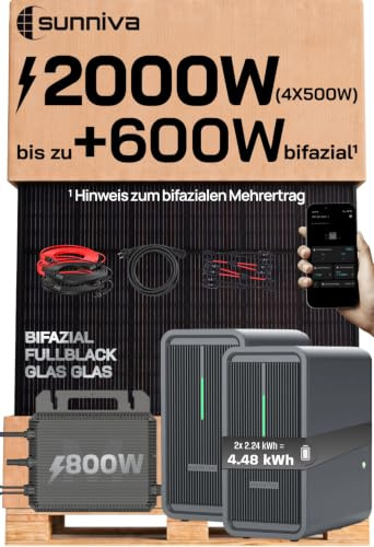 SUNNIVA® 2000W Balkonkraftwerk mit 4,48 kWh Speicher Marstek B2500-D & 800W Wechselrichter, BIFAZIAL FULLBLACK komplett Steckdose, PV Solaranlage Komplettset mit Solarspeicher, 4x 500W N-Type Glas