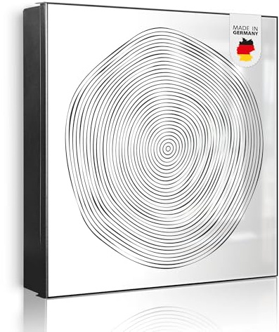 banjado Großer Schlüsselkasten Metall - Schlüsselbox 30x30cm beschreibbarer mit 32 Haken - Schlüsselkasten modern für Schlüsselaufbewahrung - Korpus Schwarz Scharnier Rechts - Motiv Konzentrische Krei