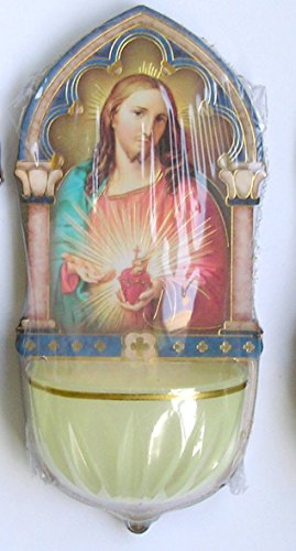 Catholic Gifts - Luminous Sacred Heart of Jesus Holy Water Font with Gold Foil Highlights.