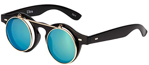 Ultra Schwarz Rahmen Grün Linsen Flip Up Ronde Steampunk Sonnenbrille Retro Frau Mann UV400 UVA Vintage Victorian Kreis Retro Sonnenbrille Steampunk Brille Sonnenbrille zum Hochklappen