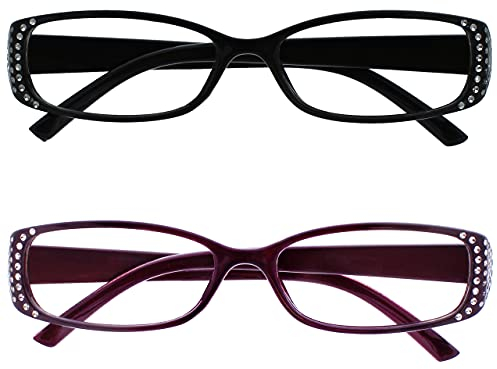 OPULIZE Occhiali Da Lettura Nero E Nero Porpora Stile Diamonte Lettori Valore 2 Pacco Donna Signora UVR2093BK_P +1,00