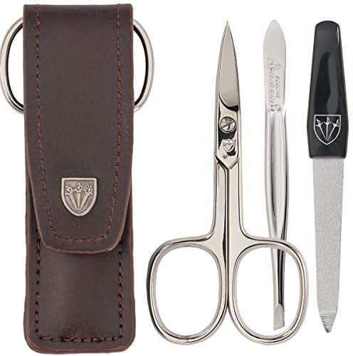 3 Swords Germany - brand quality 3 piece manicure pedicure grooming kit set for professional finger & toe nail care scissors file genuine leather case in gift box, Made by 3 Swords (005243)