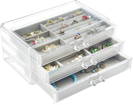 Weiai Acryl-Schmuckschatulle, 3 Schubladen, Samt-Schmuck-Organizer, für Ohrringe, Ringe, Halsketten, Armbänder, Vitrine, Geschenk für Frauen, Mädchen