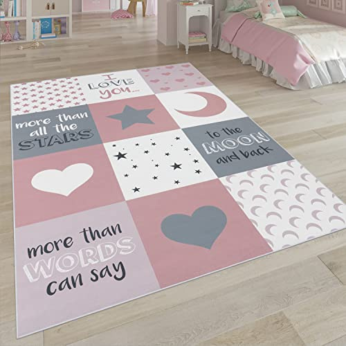 Paco Home Kinderteppich, Kinderzimmer Teppich m. Stern, Mond u. Karo Motiven, Grösse:120x160 cm, Farbe:Pink