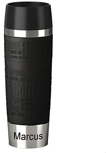 Sterngraf Emsa Isolierbecher MIT Gravur - UNTEN - (z.B. Namen) TRAVEL Mug Grande XXL 500ml Schwarz, 4h heiß/ 8h kalt, 100% dicht, auslaufsicher, Kaffee & Tee Thermo to-go-Becher