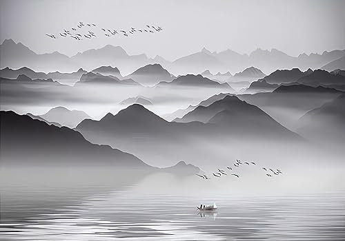 STROXTH WALLPAPER Papier Peint Panoramique Sur Mesure Soie Montagne Noir Et Blanc Paysage Chinois Effet 3d Salon Chambre Moderne Océans Les Lacs Oiseau Bateau Adulte Enfant Poster Geant Mural