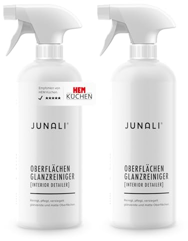 JUNALI® Oberflächen Glanzreiniger, Pflege für Hochglanz Küchen, antistatisch mit Perl-Effekt, Sprühversiegelung für Naturstein, Chrom, Glas, Kunststoff, lackierte Holzmöbel (2x 500 ml)