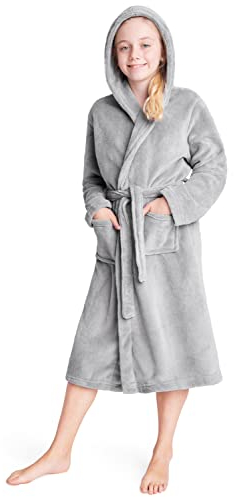 CityComfort Morgenmantel Kinder, Frottee Camouflage Kinderbademantel Junge, Fleece Morgenmantel Mädchen mit Kapuze, Weich Plüsch Army Robe Teenager, Geschenk Junge (Hell Grau, 7-8 Jahre)