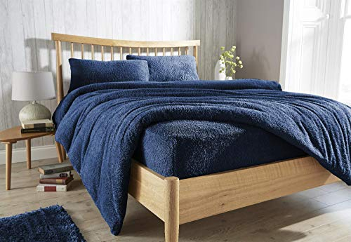 Olivia Rocco, Lenzuolo con angoli in pile Teddy, extra profondo, comodo, caldo, soffice, blu navy, matrimoniale