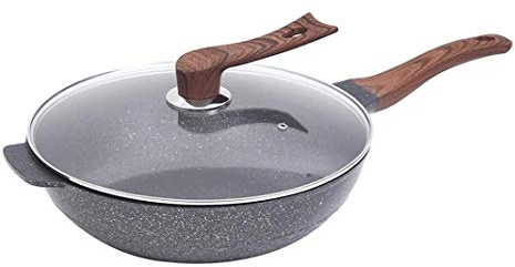 SMSOM Kohlenstoffstahl Wok, Rührenflypfanne Flacher Bodenpfanne, Aluminium ohne Rauch mit Deckel, elektrischer Herd, Induktionskocher und Gasherd (12,5 Zoll)