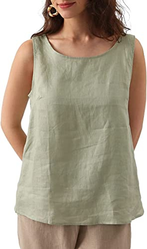 Amazhiyu Women's 100% Linen Tank Top Crewneck Sleeveless Summer Blouse | Lightweight breathable linen, relaxed fit, ideal for beach holidays, casual outings, everyday summer wear, machine washable
