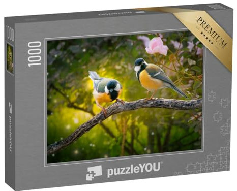 puzzleYOU: Puzzle 1000 Teile „Fantasy-Porträt: Zwei Kohlmeisen im Märchenwald“ – aus der Puzzle-Kollektion Vögel, Singvögel