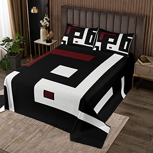 Geometrisches Quadratisches Tagesdecken Schwarz Weiß Rot Steppdecken Set 220 x 240 für Kinder Jungen Mädchen Tagesdecke mit Geometrischem Gitter Schlafzimmerdekoration Moderne Grafische Tagesdecke