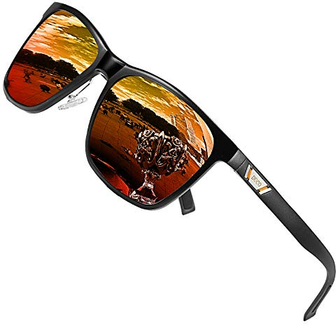 DUCO Polarisiert Sonnenbrille für Herren mit UV400 Schutz Retro Rechteckig Rahmen Ultraleichte Metallrahmen Fahrerbrille Sportsonnenbrille 3029H (Schwarz Rahmen Rot Linse)
