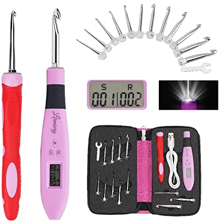Lirmiery Häkelnadel-Set, digitale ergonomische Häkelnadel, LED und 2 Helligkeitsstufen, dimmbar, beleuchtete Häkelnadeln digitaler Stichzähler, Anfänger-Strickset mit 12 austauschbaren, rose