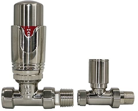 Warmehaus Thermostatic Radiator Valve 15mm Straight Radiator TRV + Lockshield for Heated Towel Rail Radiator Satin Nickel