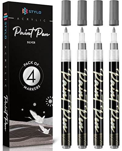 Stylo 4 Stück Metallic Marker Stifte Set – Silber, permanente Acrylmarker, Stift für Glas, Keramik, Steinmalerei, Kunsthandwerk für Erwachsene