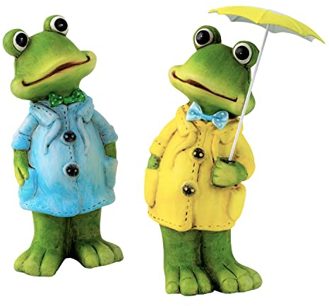 Geschenkestadl 2 Stück Frosch Figuren im Regenmantel Keramik mit Metall Regenschirm Dekofiguren 20 cm