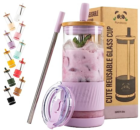Pandaloo® Glass Cups With Lids and Straws -20 Fl Oz- Perfect Size Iced Coffee Cup - Smoothie Cup With Bamboo Lid and On the go Lid - Glass Tumbler With Straw (1 Count (Pack of 1), Lilac Rhapsody)