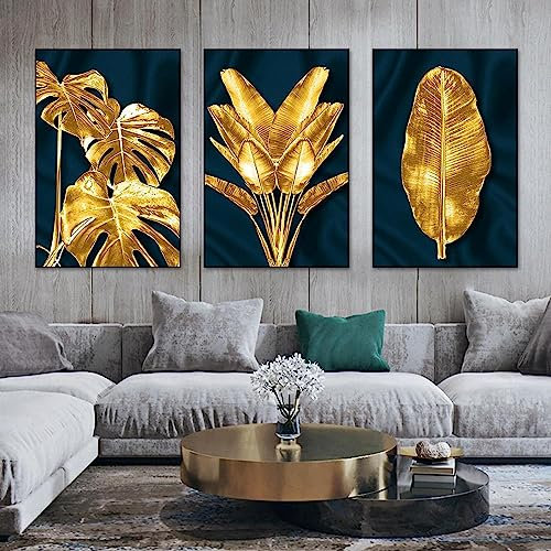 Feuilles De Palmier d'or Affiche Abstrait Plantes Tropicales Toile Tableau Art Peintures Decoration Murale pour Salon Chambre Tableau Decoration, sans Cadre (3X50X70CM)