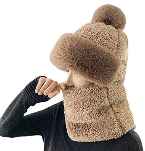 Orbgons Schalmütze Damen 2 in 1 Winter Mütze Schal Set Damen Warme Strickmütze Beanie Mütze Winterhüte Bommelmütze Wollmütze Winddicht mit Fleecefutter für Frauen Männer