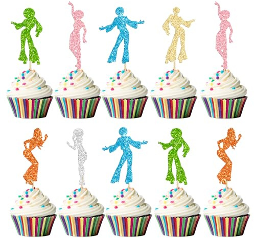 Gyufise 24Pcs 70's Disco Dancing Cupcake Toppers Multi Glitter 70's Disco Cake Decorations Disco Cupcake Picks for Disco Ball Music Theme Party Birthday Party Wedding Party Supplies