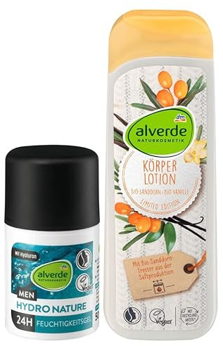 alverde NATURKOSMETIK 2er-Set Hautpflege: MEN HYDRO NATURE 24h Feuchtigkeitsgel mit Hyaluronsäure, Wakama-Algen & Aloe Vera (50 ml) + Bodylotion mit BIO-SANDDORN & BIO-VANILLE (250 ml), 450 ml