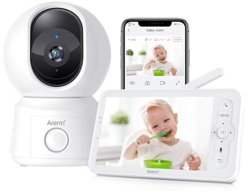ARENTI 1080P Camara Vigilancia Bebe con Control de 5'' Monitor, 355° PTZ Vigilabebes con Camara con Voz Bidireccional, Detección de Movimiento y Sonido, Visión Nocturna, Sensor Temperatura, Modo VOX