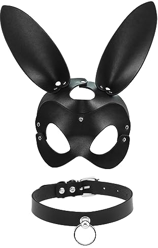 Oidea Leder Maskerade Masken: Schwarz Choker Halskette Maskerade Maske Set für Frauen Hasenohren Halbgesichtsmaske Erwachsene Cosplay Ostern Kostüm Party Requisiten Zubehör