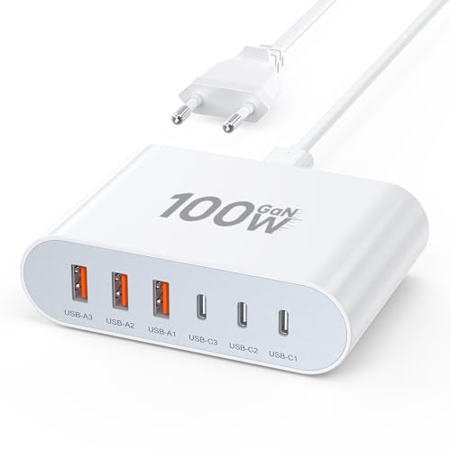USB C Ladegerät 100W GaN 6 Port USB C Adapter Schnellladegerät Netzteil Stecker Ladestation, 3 PD USB C 3 QC USB A Ladestation Mehrere Geräte für iPad iPhone 16 15 14 13 12 Pro Max Pixel Note Galaxy…