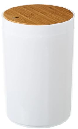 DAMDAM GO Papelera de Baño Poliestireno Blanco Tapa de Bambú Capacidad de 5 Litros