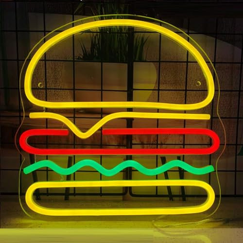 STHomedeco Hamburger neon sign - Panneau lumineux néon à LED Hamburger en acrylique alimenté par USB, pour maison, bar, bière, fenêtre, boutique, chambre, puby