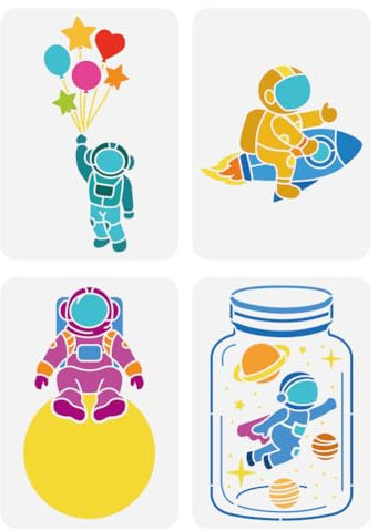 FINGERINSPIRE 4 Stück Astronauten Schablone 29.7x21 cm Wiederverwendbare Raketen Planet Ballon Stern Zeichnungsvorlage DIY Kunst Weltraum Thema Heimdekoration Schablone Zum Malen Auf Holz Wand Stoff
