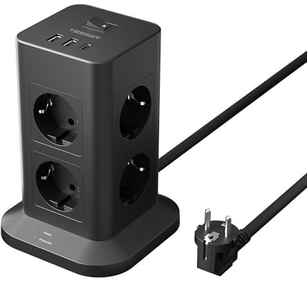 TESSAN Tour Multiprise 8 Sortie AC avec 3 USB, Prise Multiple avec Interrupteur, Parafoudre et Surtension avec Rallonge Electrique 2 Mètre, 3600W Adaptateur Secteur pour Maison, Bureau, Noir