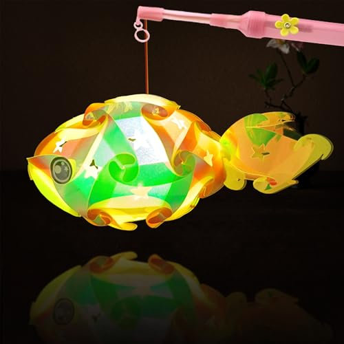 Laterne Kinder, Laterne St Martin, Laternen Bastelset, Laterne Kinder mit Stab LED, Selbstgebaute Laterne Multicolor Laterne für St. Martin, Halloween, Weihnachten (Goldfisch-Fluoreszierendes Gelb)